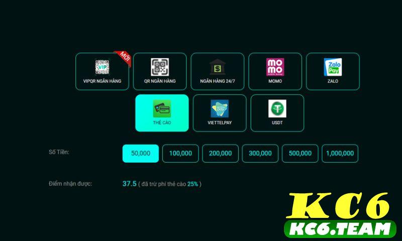 Thao tác nạp tiền kc6 bằng thẻ cào điện thoại