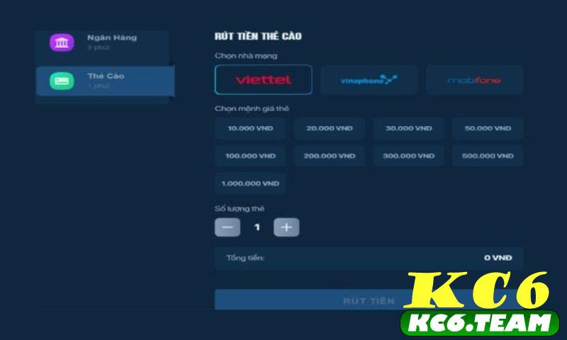 Thao tác rút tiền kc6 bằng thẻ cào điện thoại