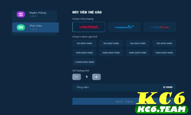 Thao tác rút tiền kc6 bằng thẻ cào điện thoại